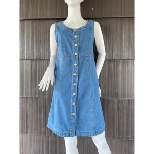 🔥Vintage 90s Cherokee Blue Denim Jumper Dress Western Mom Cottage Coastal Sz S